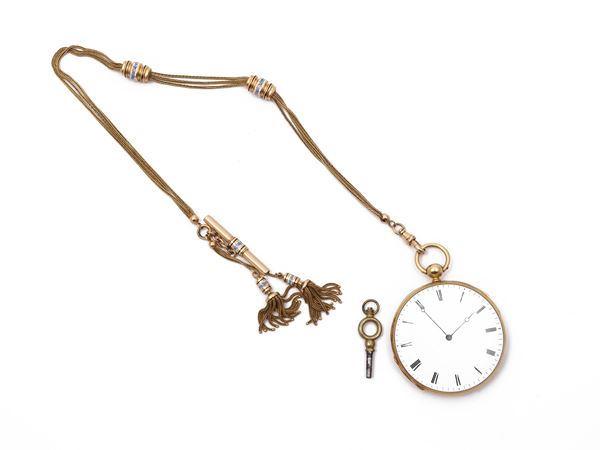 Pocket watch and chain in yellow gold with polychrome enamel