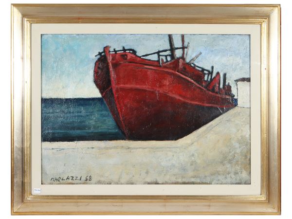 View of the port with a view of the ship 1968  - Auction A florentine house. Between tradition and modernity Modern and contemporary art Collection of modern paintings and Design - II - - Maison Bibelot - Casa d'Aste Firenze - Milano