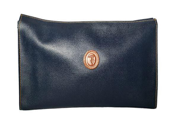 Trussardi, Clutch bag in blue grained leather