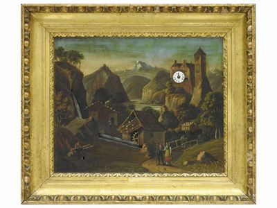 Tableau Horloge con Paesaggio Montano con Veduta di Mulino e Fiume