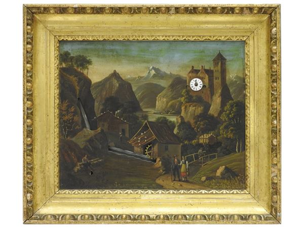 Scuola francese - Tableau Horloge with mountain landscape with view of mill and river