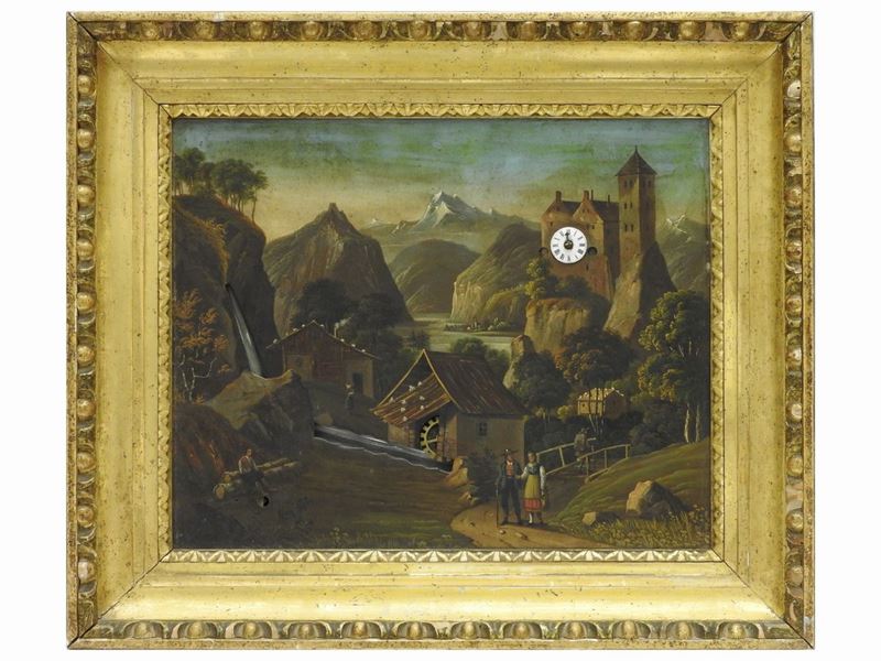 Scuola Francese - Tableau Horloge con Paesaggio Montano con Veduta di Mulino e Fiume