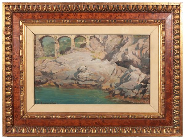 Alceste Campriani : Paesaggio fluviale con veduta di acquedotto 1885  - Asta Arte Moderna e Contemporanea - Maison Bibelot - Casa d'Aste Firenze - Milano