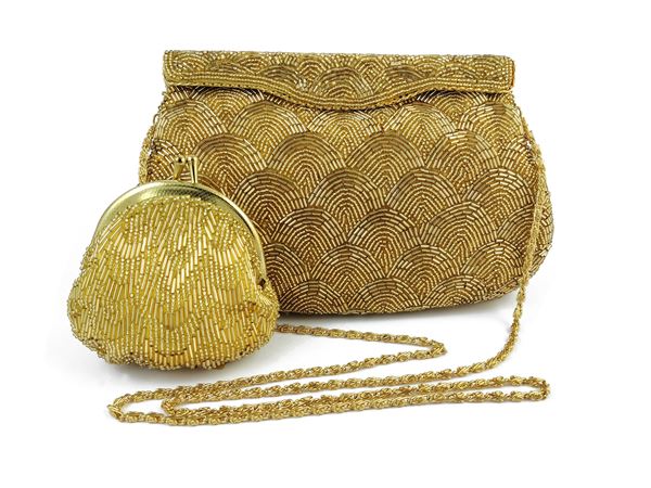 Gold beaded evening clutch bag