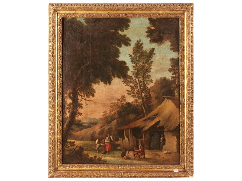 Scuola Veneta del XVII Secolo - Paesaggio Campestre con Scena Mitologica