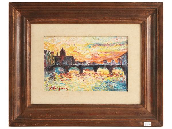 Guido Borgianni : Veduta del Ponte alla Carraia al tramonto  - Asta Arte Moderna e Contemporanea - Maison Bibelot - Casa d'Aste Firenze - Milano