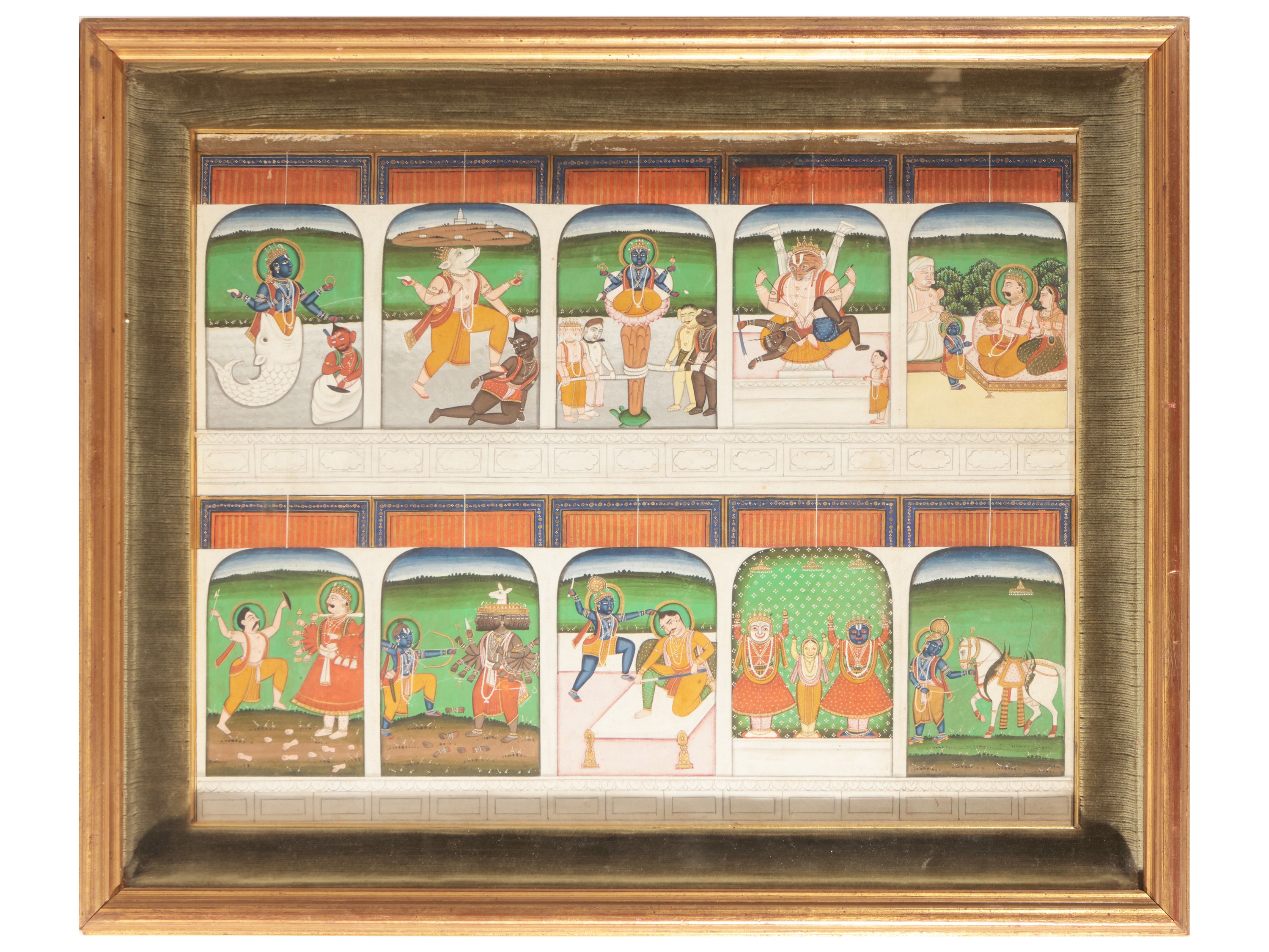 Miniature Indiane della Regione del Rajasthan Raffiguranti Divinità e Scene Cortesi