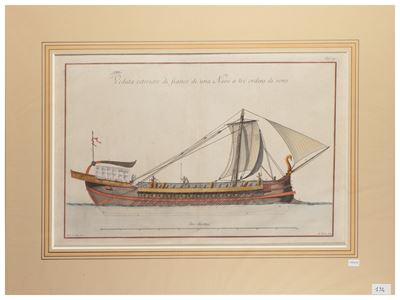 Veduta Esteriore di Fianco di una Nave a Tre Ordini di Remi
