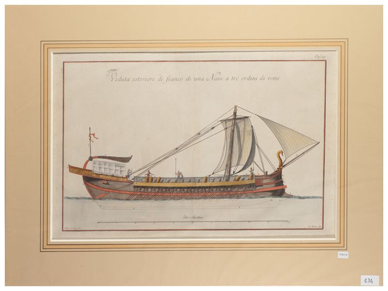 Veduta Esteriore di Fianco di una Nave a Tre Ordini di Remi