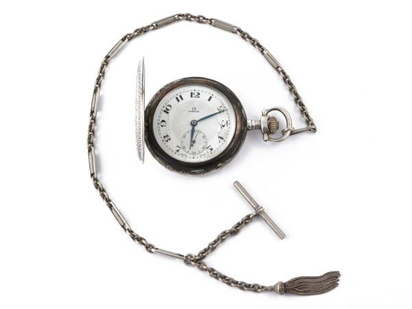 Orologio da tasca Omega in argento niellato, inizio dle XX secolo