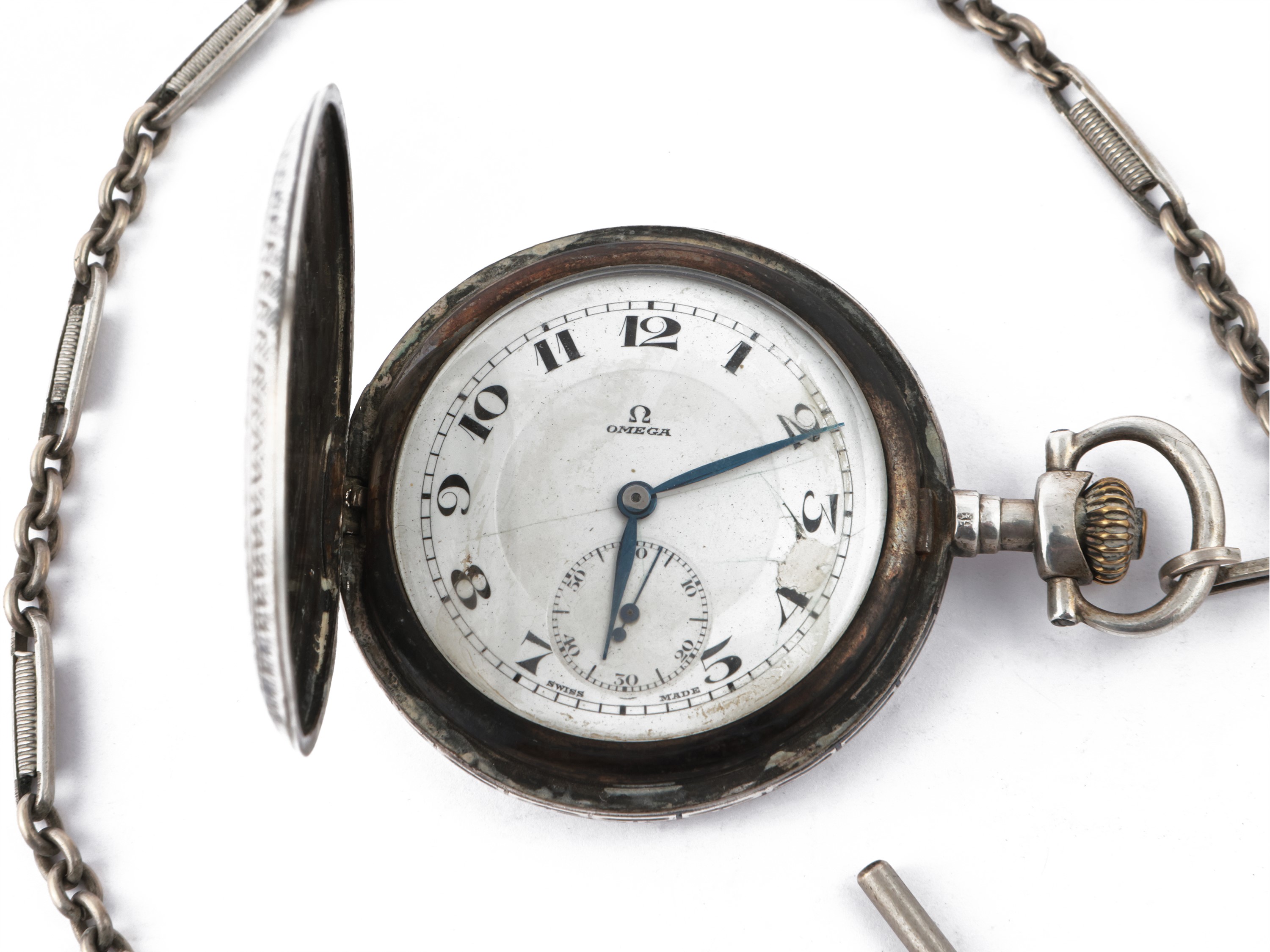 Orologio da Tasca Omega in Argento Niellato, Inizio Dle XX Secolo