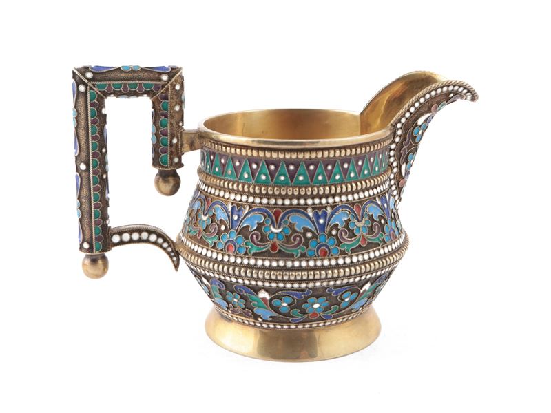 Lattiera in Argento Vermeil e Smalti Cloisonné, Ivan Khlebnikov, Mosca 1891