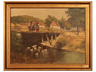 Villaggio con Fiume, Oche e Contadini