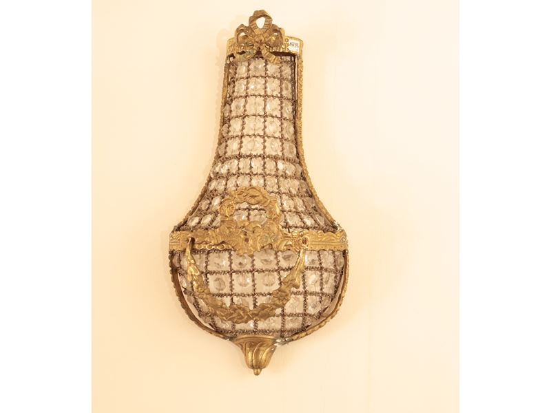Coppia di Applique a Paniere in Cristallo e Bronzo Dorato