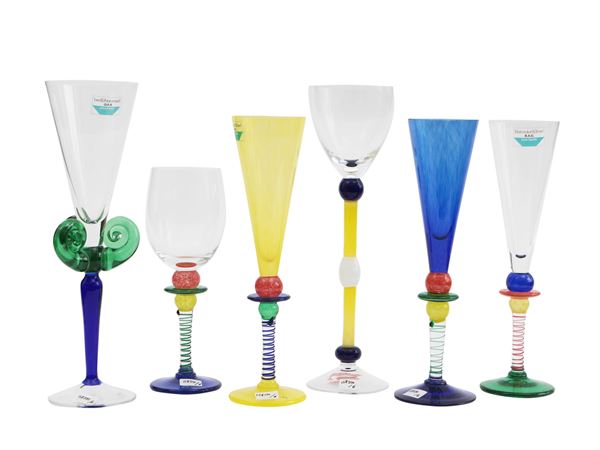 Sei bicchieri in vetro multicolore Barovier & Toso della serie B.A.G.