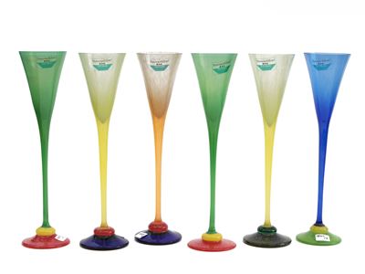 Serie di Sei Flute in Vetro Soffiato Multicolore Barovier & Toso della Serie B.a.g.