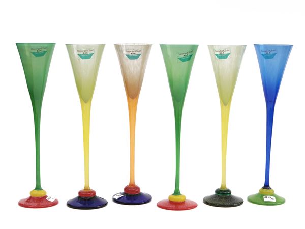 Serie di sei flute in vetro soffiato multicolore Barovier & Toso della serie B.A.G.