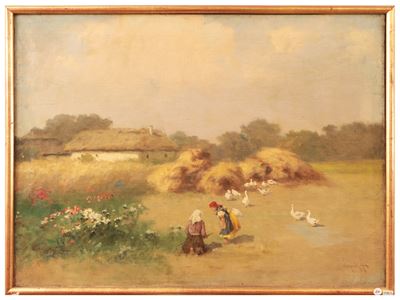 Veduta Campestre con Bambine ed Oche