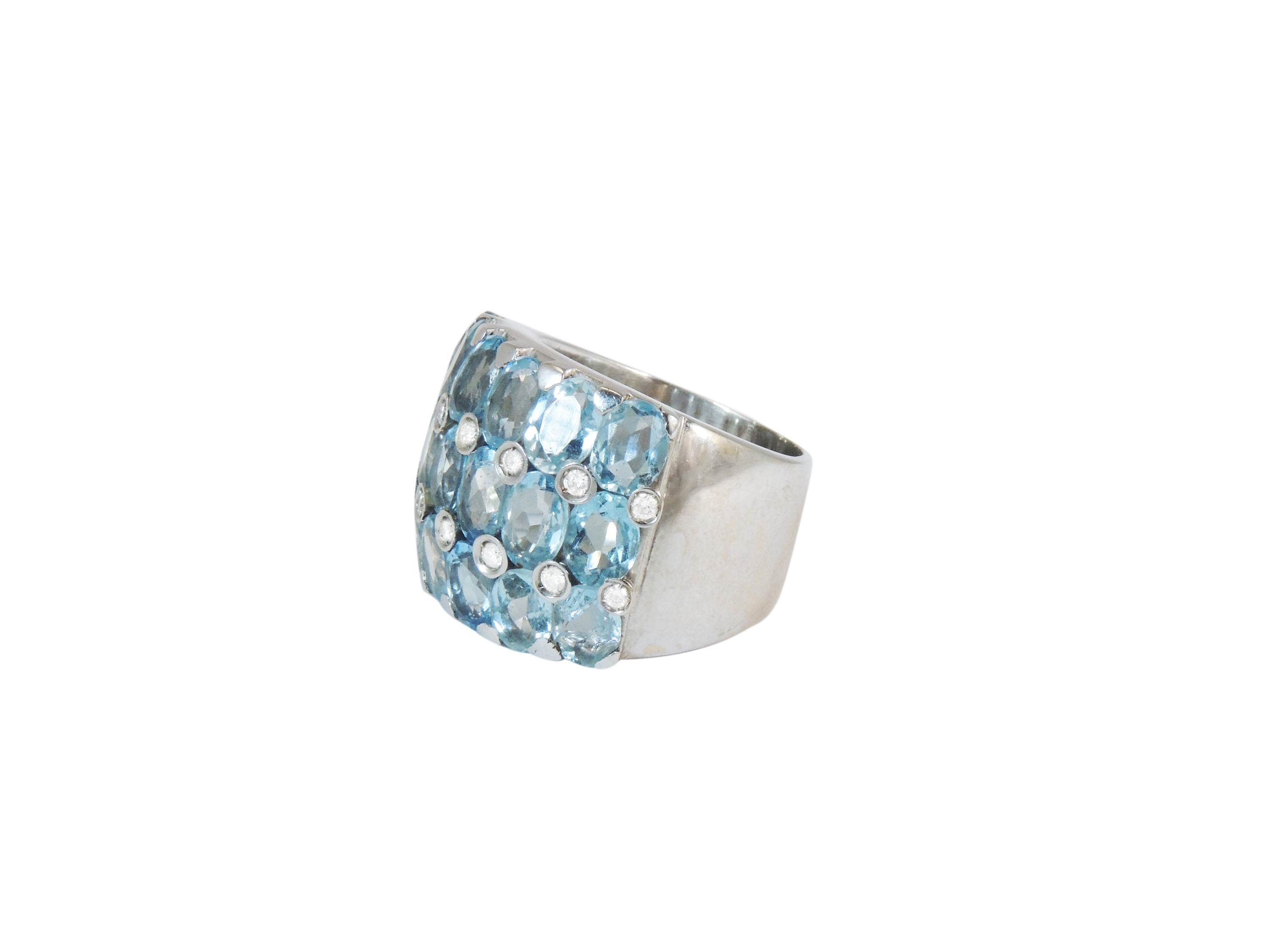 Anello a Fascia in Oro Bianco con Diamanti e Acquamarine
