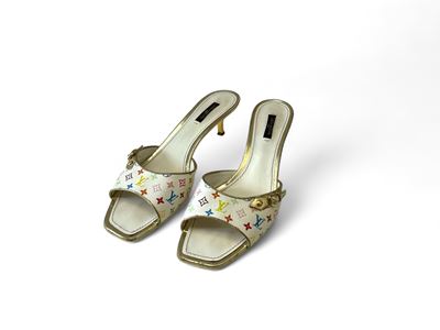 Louis Vuitton, Sandali in Pelle Bianca Martellata Monogram Multicolore