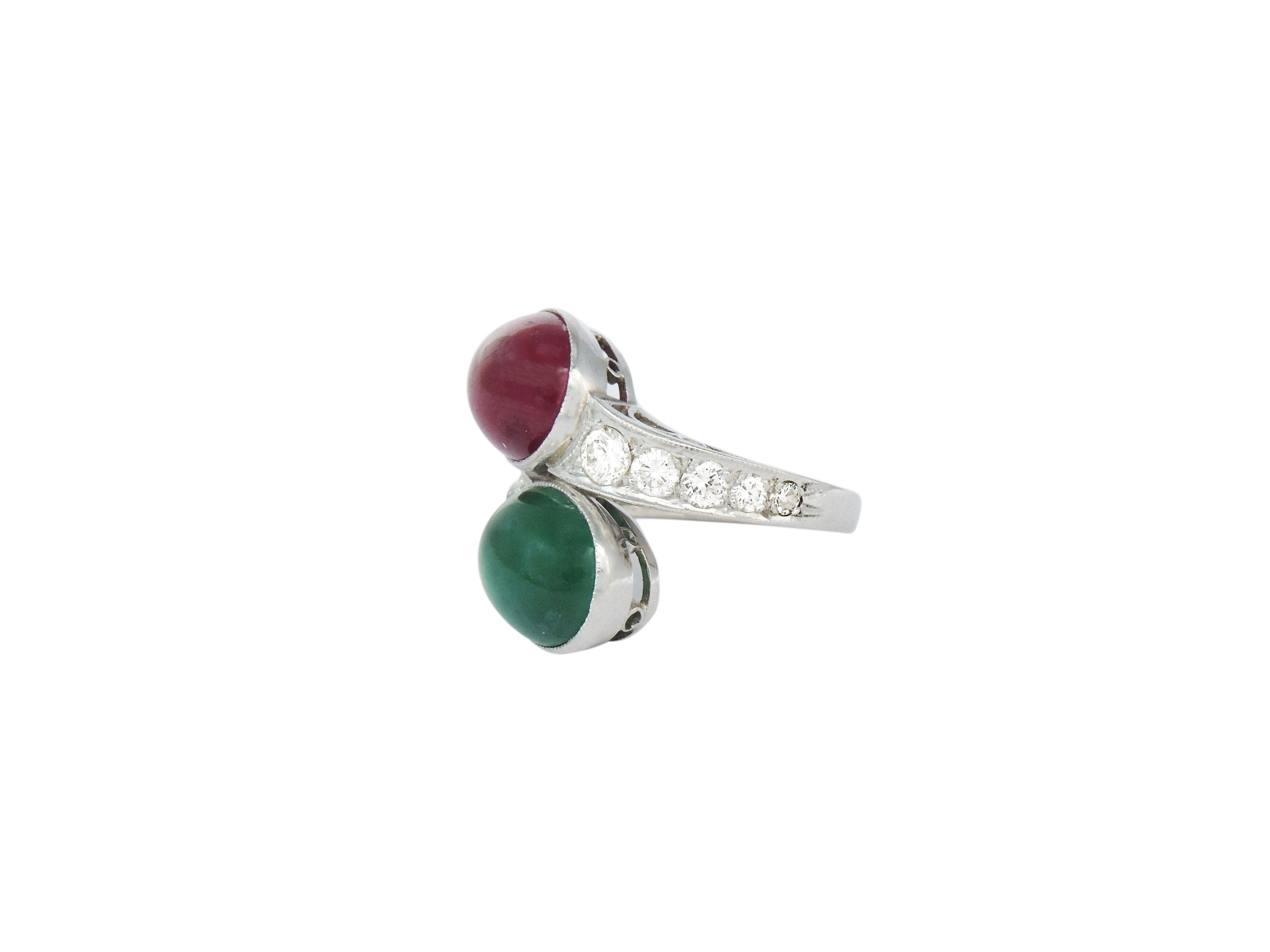 Anello 'toi e Moi' in Oro Bianco con Diamanti, Rubino e Smeraldo