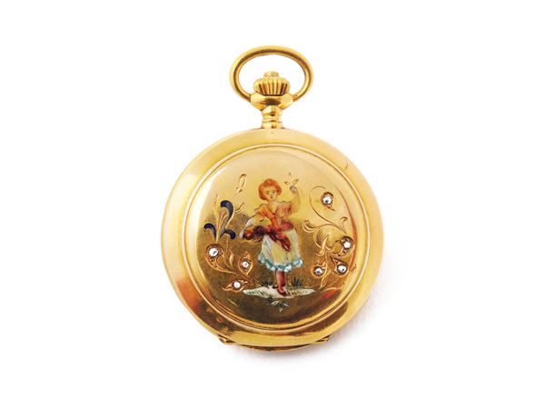 Longines pocket watch in yellow gold with polychrome enamel and diamonds