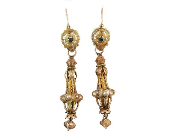 Bourbon pendant earrings in low title yellow and pink gold with green glass paste  (19th century)  - Auction Jewels and Watches - Maison Bibelot - Casa d'Aste Firenze - Milano