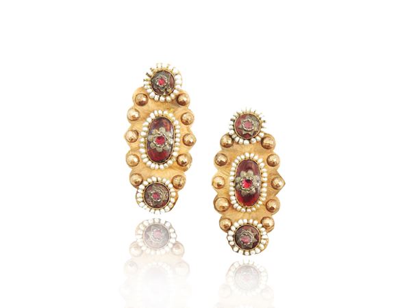 Bourbon pendant earrings in low title gold and silver with garnets, micropearls and enamel