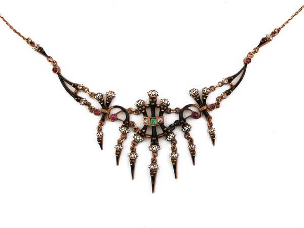 Low title rose gold necklace with diamonds, rubies, emeralds and polychrome enamels