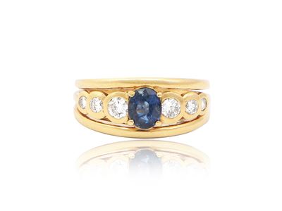 Anello Riviere in Oro Giallo con Diamanti e Zaffiro
