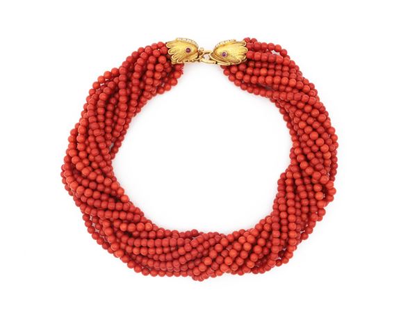 Multi-strand orange red coral necklace with animalier clasp in yellow gold, diamonds and rubies