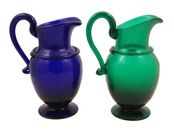 Pair of blown glass decanters, first half of the 20th century