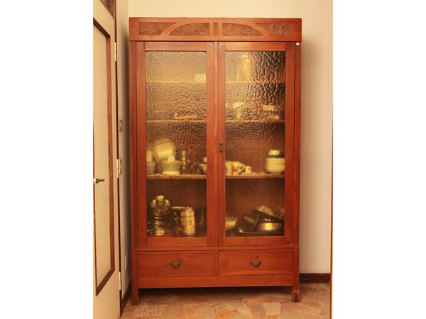Art Nouveau glass bookcase in soft wood