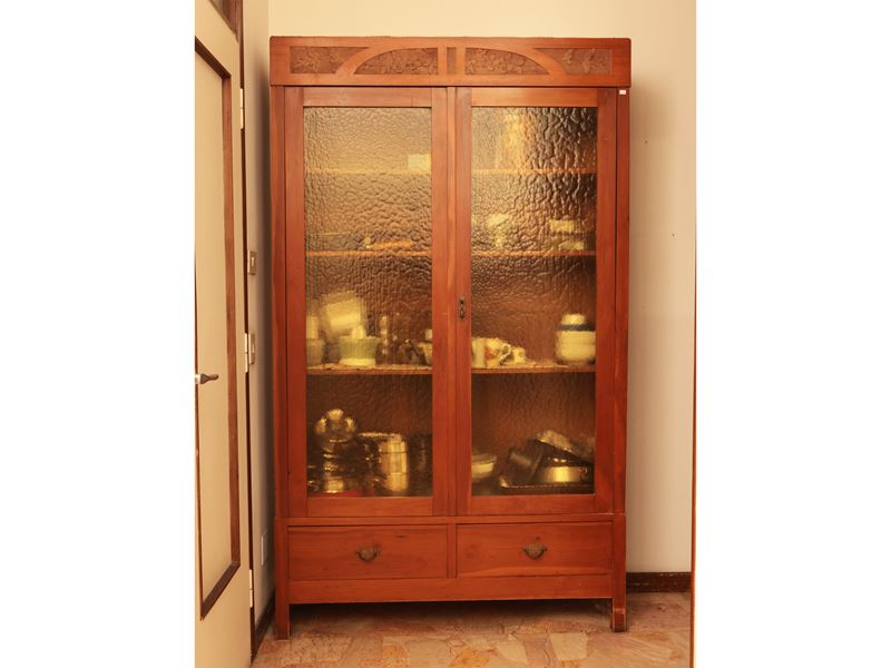 Libreria Cristalliera Art Nouveau in Legno Tenero