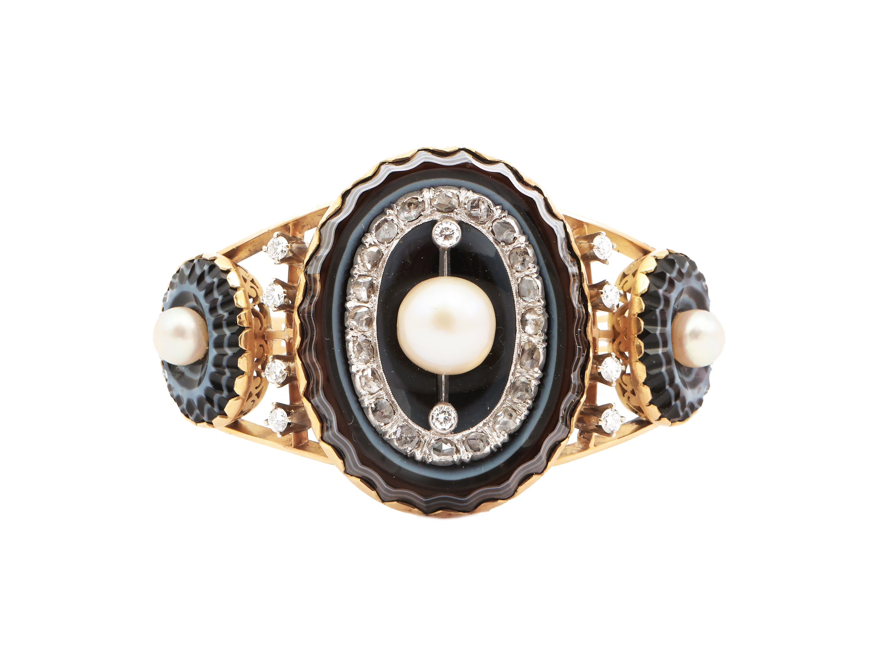 Bracciale Rigido in Oro Giallo con Diamanti, Perle e Agate