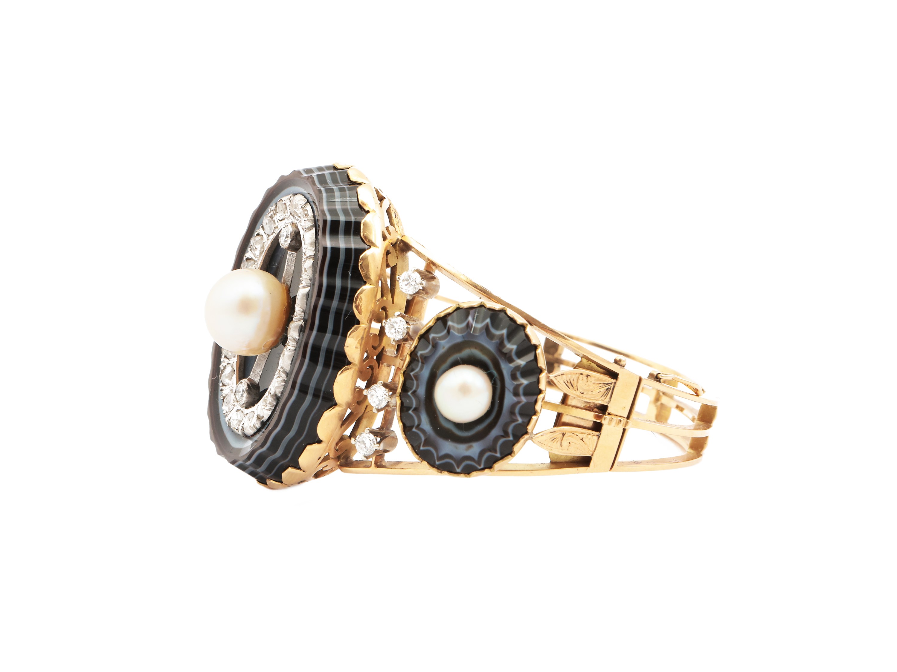 Bracciale Rigido in Oro Giallo con Diamanti, Perle e Agate