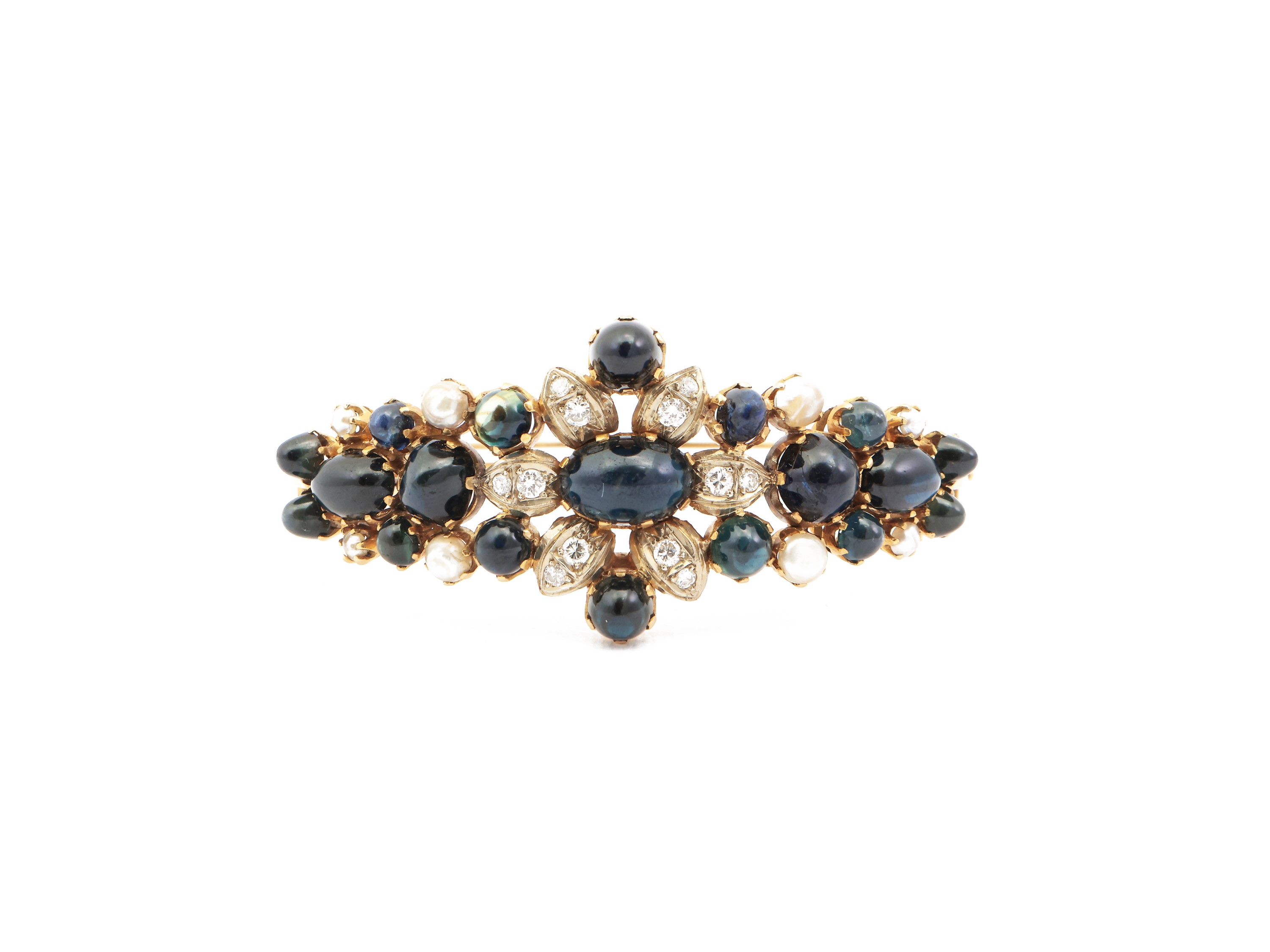 Bracciale Rigido in Oro Giallo con Diamanti, Zaffiri e Perle