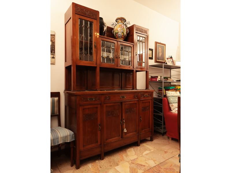 Credenza Art Nouveau a Due Corpi in Ciliegio