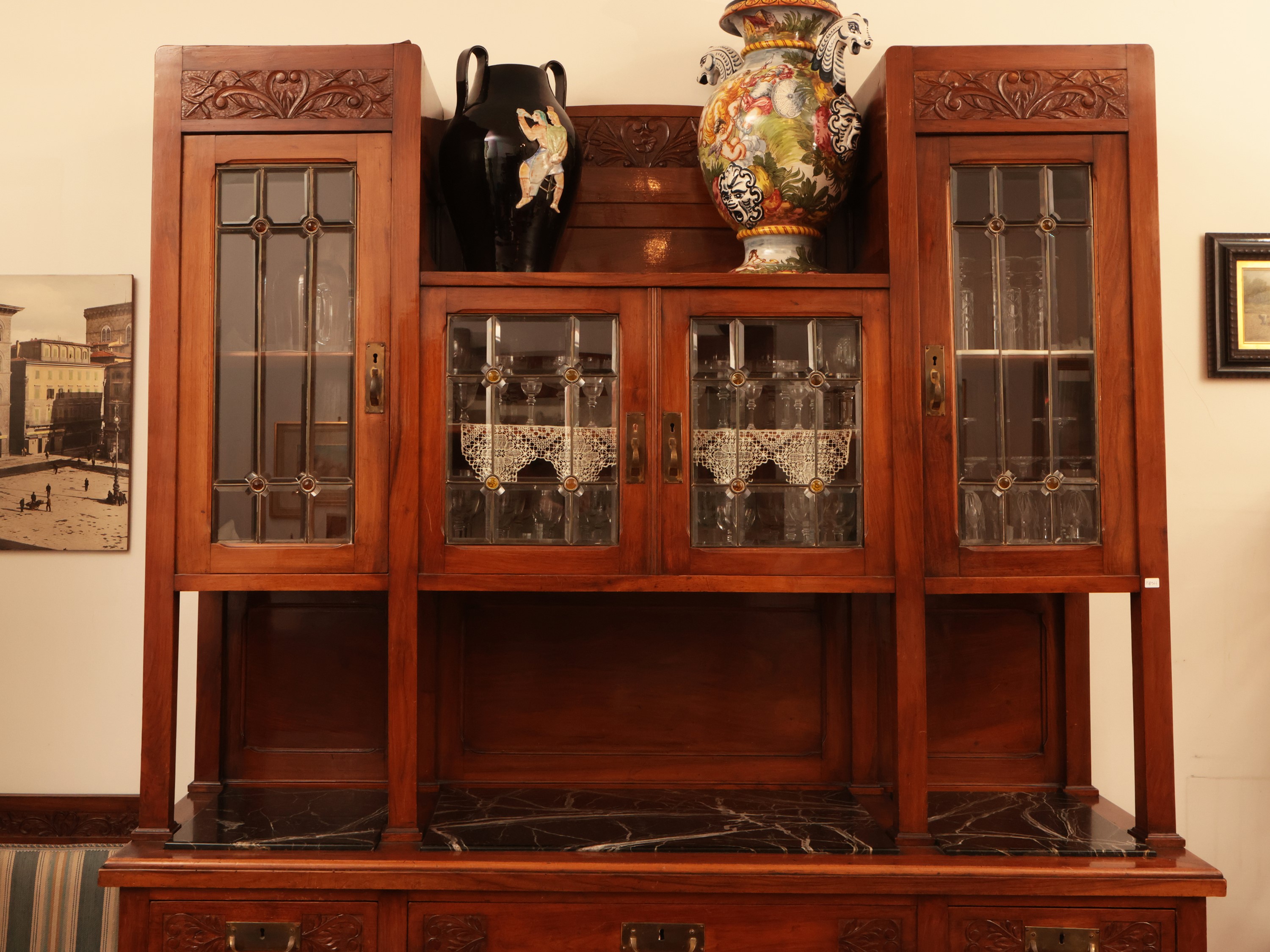 Credenza Art Nouveau a Due Corpi in Ciliegio
