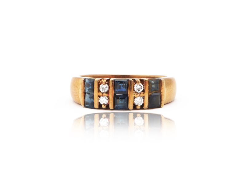 Anello Riviere in Oro Giallo 585/1000 con Diamanti e Zaffiri