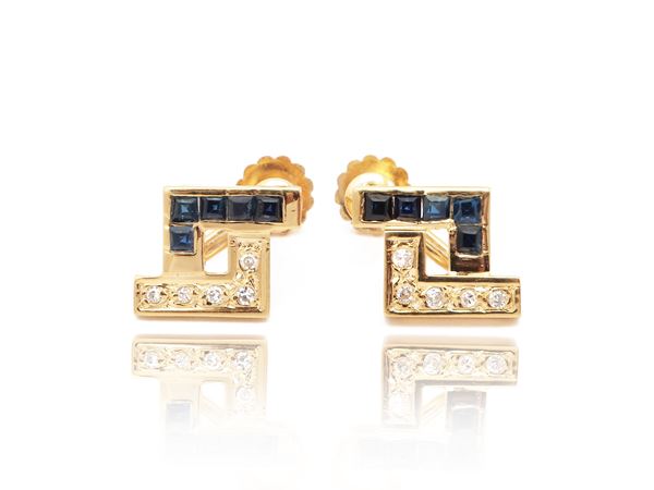 Yellow gold earrings with diamonds and sapphires  - Auction Jewels and Watches - Maison Bibelot - Casa d'Aste Firenze - Milano