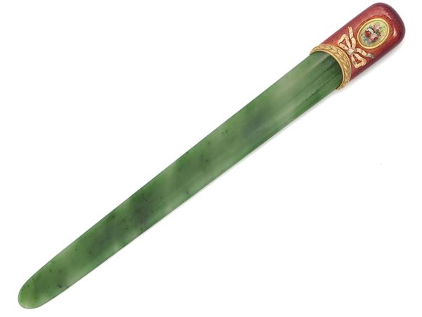 Yellow gold and jade letter opener with diamonds and polychrome enamel