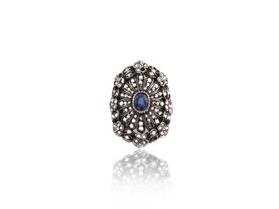 Anello in Oro Giallo e Argento con Diamante e Zaffiro