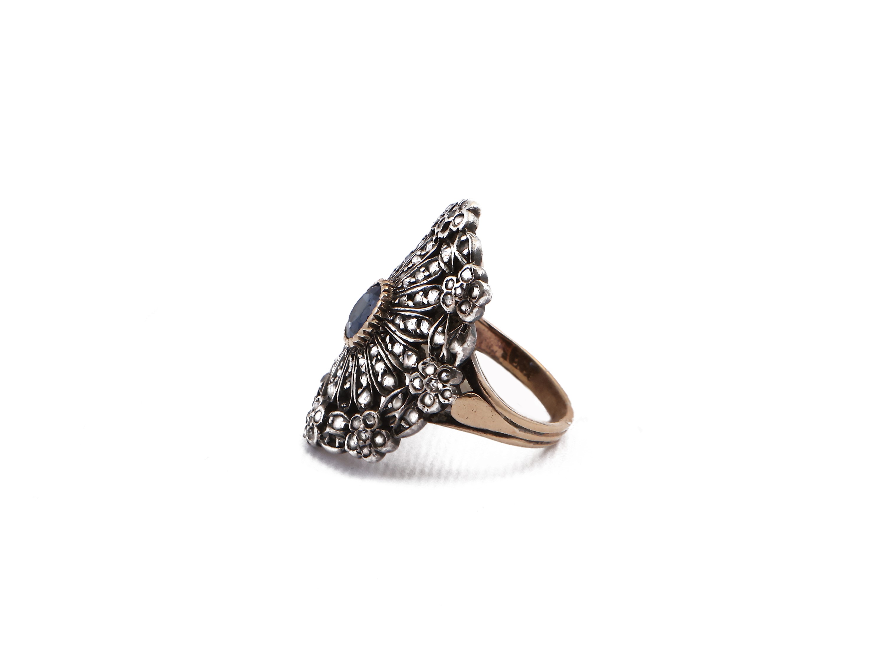 Anello in Oro Giallo e Argento con Diamante e Zaffiro