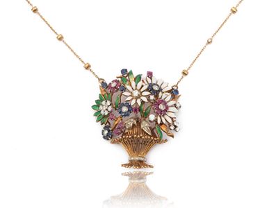 Collana Spilla in Oro Giallo con Diamanti, Rubini, Zaffiri e Smalti Policromi