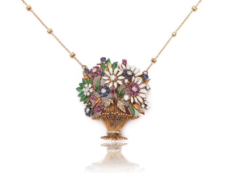 Collana Spilla in Oro Giallo con Diamanti, Rubini, Zaffiri e Smalti Policromi