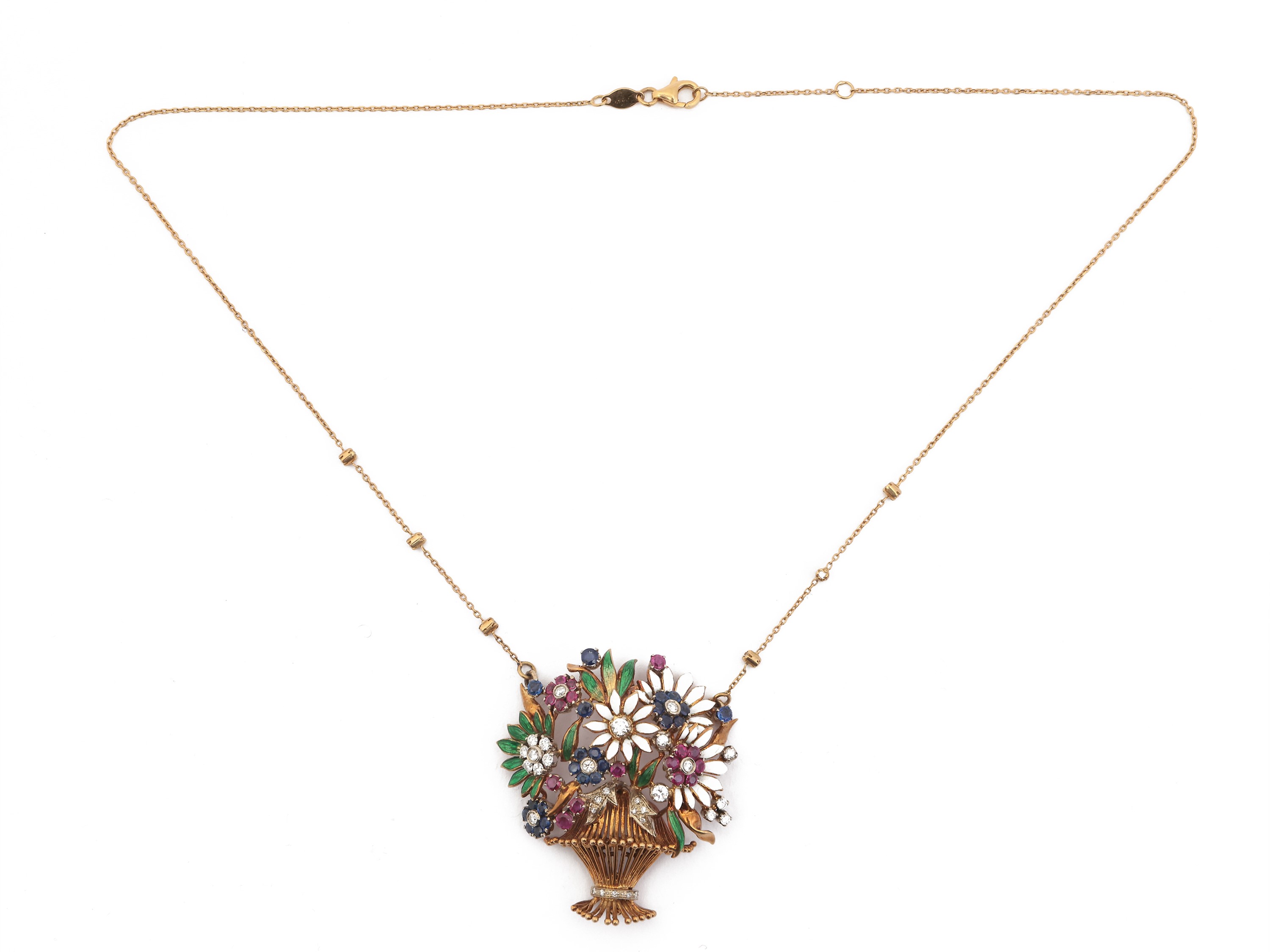Collana Spilla in Oro Giallo con Diamanti, Rubini, Zaffiri e Smalti Policromi