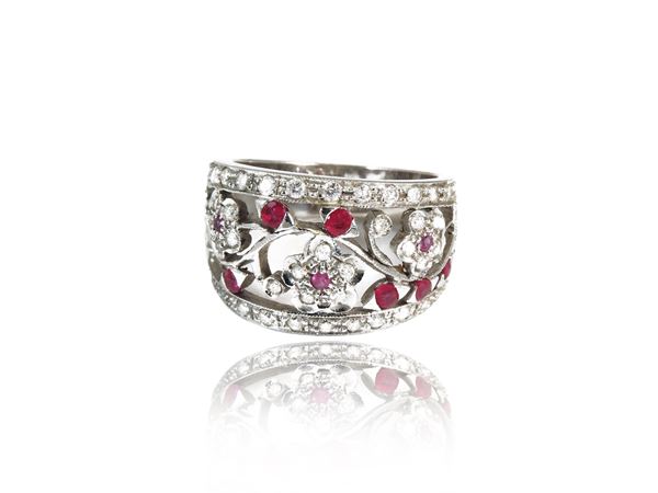 White gold band ring with diamonds and rubies