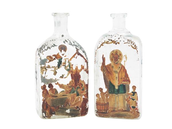 Pair of blown glass Manna bottles