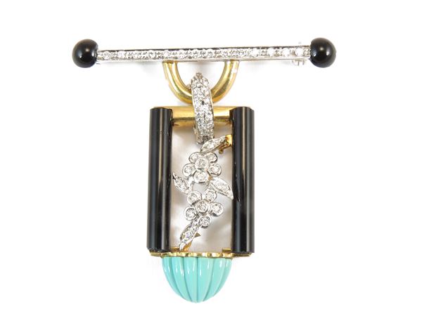 Yellow and white gold convertible pendant brooch with diamonds, onyx and turquoise